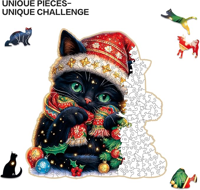 Wooden Jigsaw Puzzle for Adults,Christmas Cat Puzzle 300 Piece,Unique Shape Puzzle Challenge 14.9 x 14.9 Inch,Beautiful Wooden Puzzles Birthday Gifts for Adults Family Game