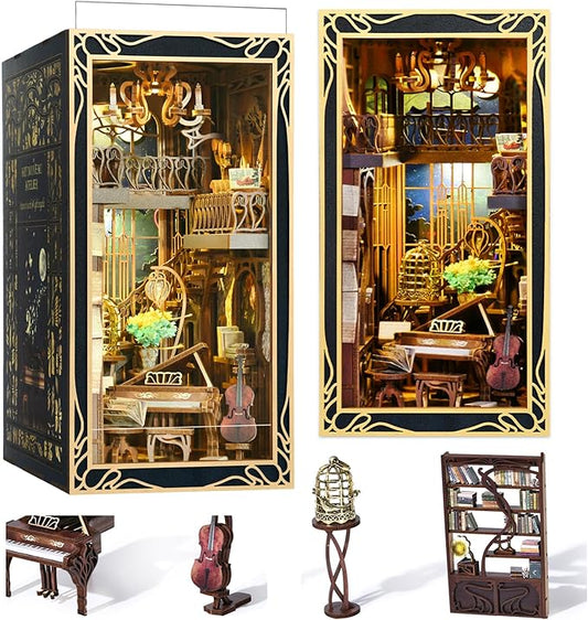 MiniCity DIY Book Nook Kit for Adults, 3D Wooden Puzzle Bookend Bookshelf Insert Decor with LED Light and Dust Cover (Pianist with Nightingale)