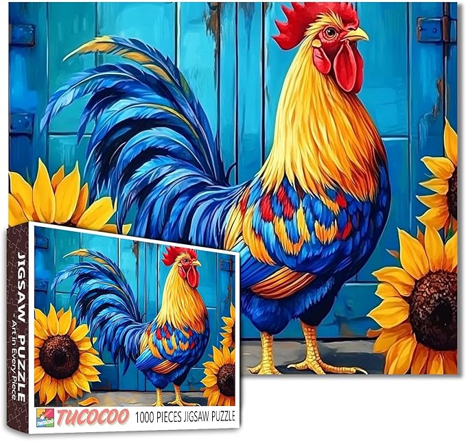 1000 Piece Jigsaw Puzzles for Adults, Blue Rooster with Sunflowers Jigsaw Puzzles，Cool Colorful Feather Rooster Puzzle，Challenging Family Activity Perfect for Game Nights，Puzzle as Wall Art Decor