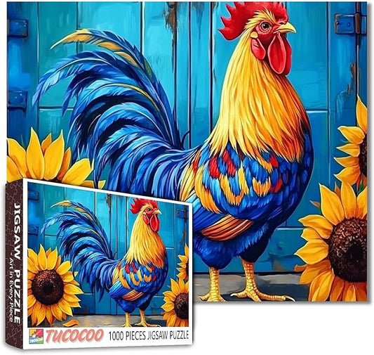 1000 Piece Jigsaw Puzzles for Adults, Blue Rooster with Sunflowers Jigsaw Puzzles，Cool Colorful Feather Rooster Puzzle，Challenging Family Activity Perfect for Game Nights，Puzzle as Wall Art Decor