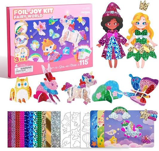 Jar Melo 3 in 1 Foil Craft Kit for Kids, DIY Foil Stickers Art Supplies, 3D Puzzle Unicorn Toys for Girl, Magnetic Princess Dress-Up, Creative Travel Activity, Fun Christmas Gift for Girls 4-10