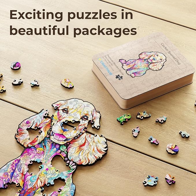 CRAFTHUB Animal Wooden Puzzles for Adults – A3 Cocker Spaniel Dog with 143 Pieces – Jigsaw Puzzles with Unique Animal Shapes – 9.9" x 15.3"