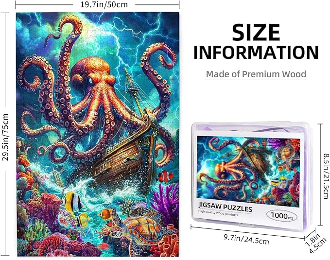 Octopus Ocean Puzzle for Adults 1000 Pieces Octopus Pirate Ship Ocean Sea Jigsaw Puzzles Marine Artwork Colorful and Fun Challenging Puzzle for Game Nights