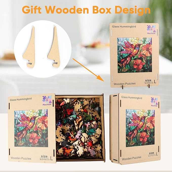 Wooden Puzzles for Adults, Stained Glass Puzzles 499 Pieces, Unique Shaped Hummingbird Jigsaw Puzzles for Adults and Kids, Birthday Gifts Fun Challenge Family Game 16.5'' x 16.5''