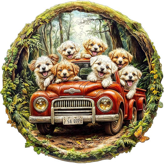 Wooden Puzzles for Adults - 100 Pieces Dog Truck Wooden Puzzle - Unique Animal Shape Wood Cut Puzzles - Eco-Friendly Home Office Decor (S-8.5 * 8.5in)