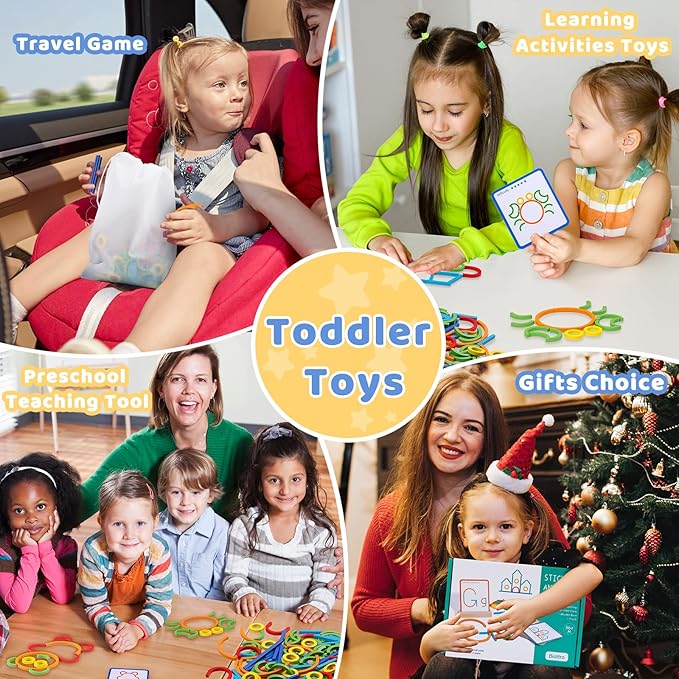 120pcs Wooden Pattern Blocks Shape Puzzles Sticks & Rings Wooden Tangram Puzzle Stem Preschool Brain Teaser Montessori Toys Gift for 3 4 5 Years Old Activity Kids Boy Girl