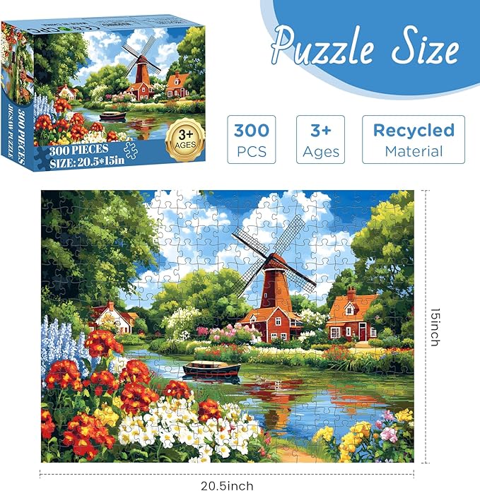 300 Piece Puzzles for Adult, Flower Jigsaw Puzzles 300 Pieces for Adults Kids Senior, Windmill River Adult Jigsaw Puzzles, Challenging Family Fun Puzzle Activity Game Gift for Friend 20.5 X 15 in