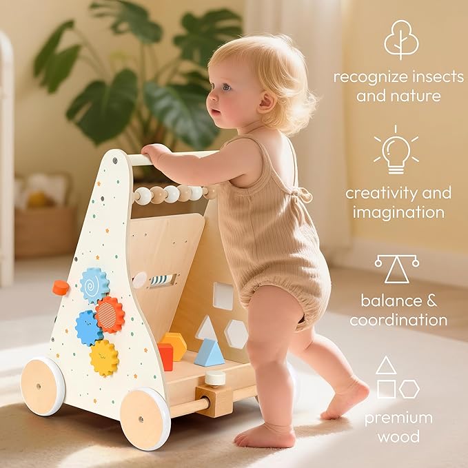 Wooden Baby Walker Push Toy with Activity Center, Montessori Toddler Walking Wagon with Blocks, Gears & Shape Sorter for 1 2 3 Year Old Boys Girls
