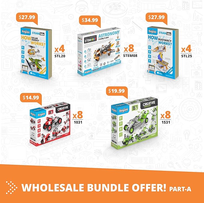 Engino STEM Elementary Creative Wholesale Bundle, 50+ Educational Construction Toys Ages 6-12, Classroom Science Engineering Kit, Award-Winning Teacher Resources