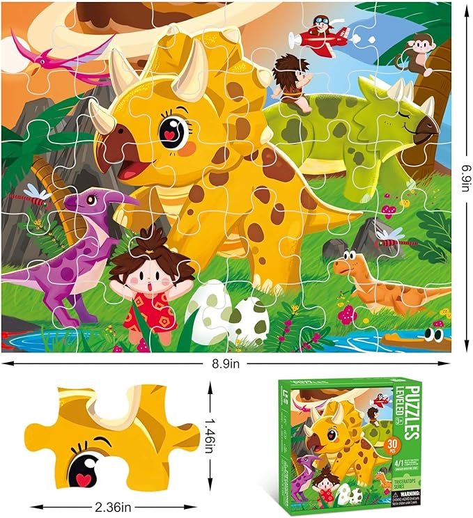 Dinosaur Puzzles for Kids Ages 3-8 Year Old,30 Pieces Jigsaw Puzzles for Toddlers & Children Ages 4-6，Educational Floor Puzzles with Storage Box for Gifts(Triceratops Dinosaur)