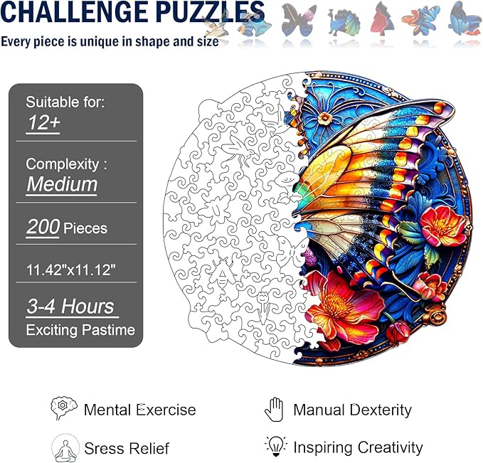 Wooden Puzzle for Adults, Butterfly Wood Puzzle, Wooden Jigsaw Puzzles with Exquisite Box, Unique Animal Shape Wood Cut Puzzles for Family Friend Puzzle Lovers, 200 Pieces 11.42" x 11.12"