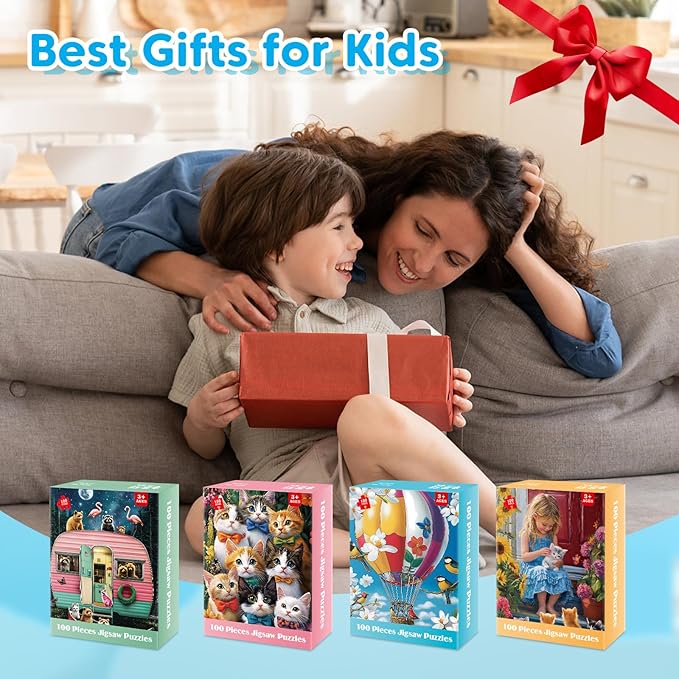 4-Pack 100 Piece Puzzles for Kids Ages 4-6, 6-8 | RV Trailer, Hot Air Balloon, Girl & Cats | Engaging & Educational Jigsaw Puzzles for Girls and Boys