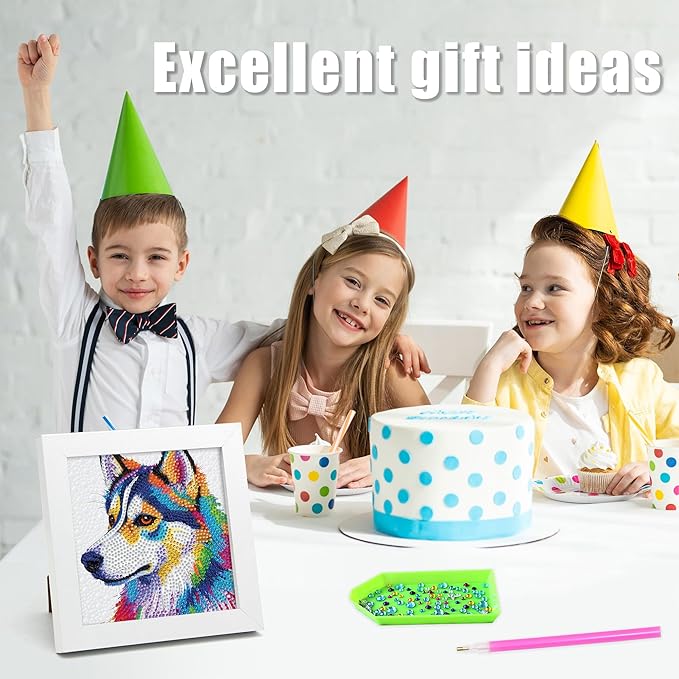 geesfayan Diamond Art Kits for Kids Ages 8-12,6 Inch DIY Gem Art Painting with 7 Inch Frame, Complete Starter Kit for Beginners, Creative Arts & Crafts Gift for Girls & Boys (Husky)