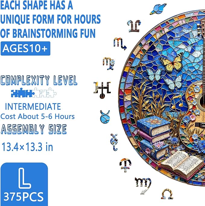 Wooden Puzzles for Adults, Stained Glass Guitar Wooden Jigsaw Puzzle for Adults, Music Books Wood Puzzles Adult, Unique Shape, Fun Presents for Friends, Wall Art Home Decor(L -13.4 * 13.3in-375 pcs)