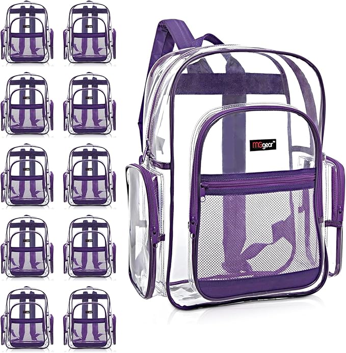 Wholesale 10-Pack Bulk Case Clear PVC Backpacks with Purple Trim and 5 Zipper Compartments, 17 Inch Transparent School Approved Backpack, Daypack, Stadium Bag, Bookbag