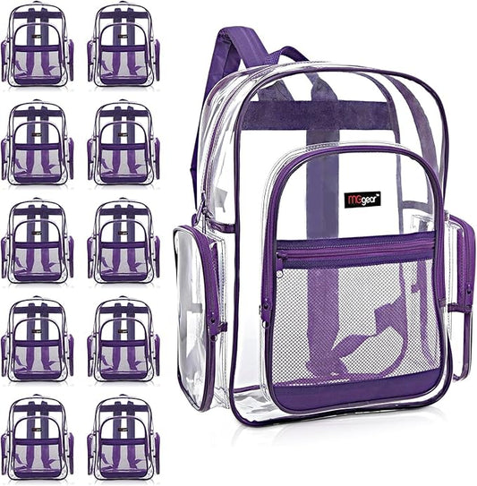 Wholesale 10-Pack Bulk Case Clear PVC Backpacks with Purple Trim and 5 Zipper Compartments, 17 Inch Transparent School Approved Backpack, Daypack, Stadium Bag, Bookbag