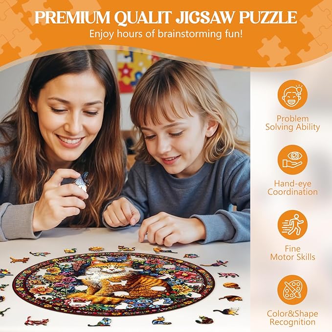 Wooden Puzzles for Adults, Wooden Jigsaw Puzzles for Adults Kids, Floral Feline Unique Shaped Wood Puzzles Adult, Creative Birthday Gifts for Friends Family Game(11.4 * 11.4in 200pcs)
