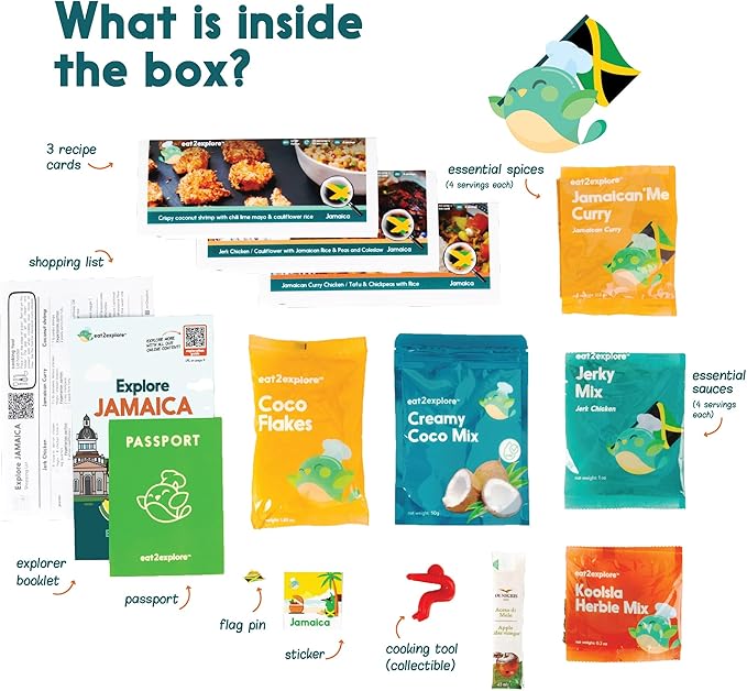 eat2explore Cooking Kits for Kids - Interactive & Educational Set with 3 Recipe Cards, Key Ingredients & Cooking Tools - Ideal Idea for Kids who Love to Create Meals (Jamaica Edition)
