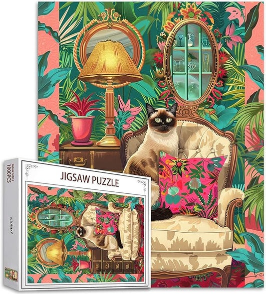 Siamese Cat On Vintage Chair Jigsaw Puzzle 1000 Pieces Puzzles for Adults,Bohemia Kitten Jigsaw Puzzles for Challenging Family Activity Games DIY Colorful Puzzle for Home Wall Decor Gifts 20x27 Inches