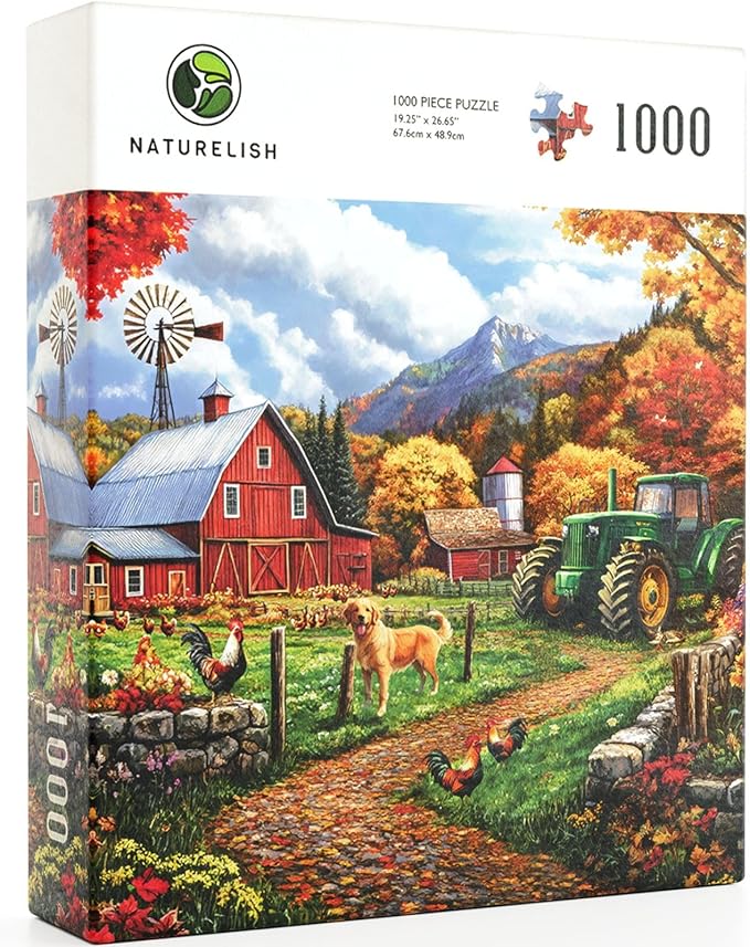 Fall Farm Jigsaw Puzzles for Adults 1000 Pieces, Brain Challenging Shaped Puzzle for Game Night, Family, Friends, Puzzle Size is 26.6 x 19.2 Autumn