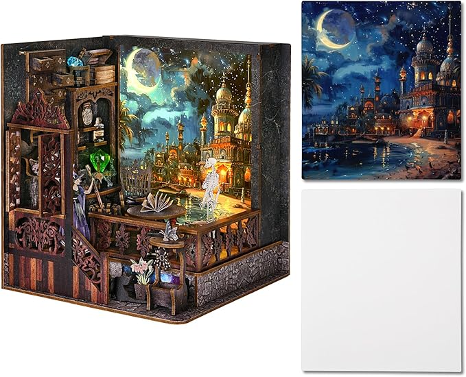 Book Nook Kit, Book Nook Kits for Adults and Teens, DIY Miniature Dollhouse Kit 3D Wooden Puzzle Booknook Bookend with LED Light