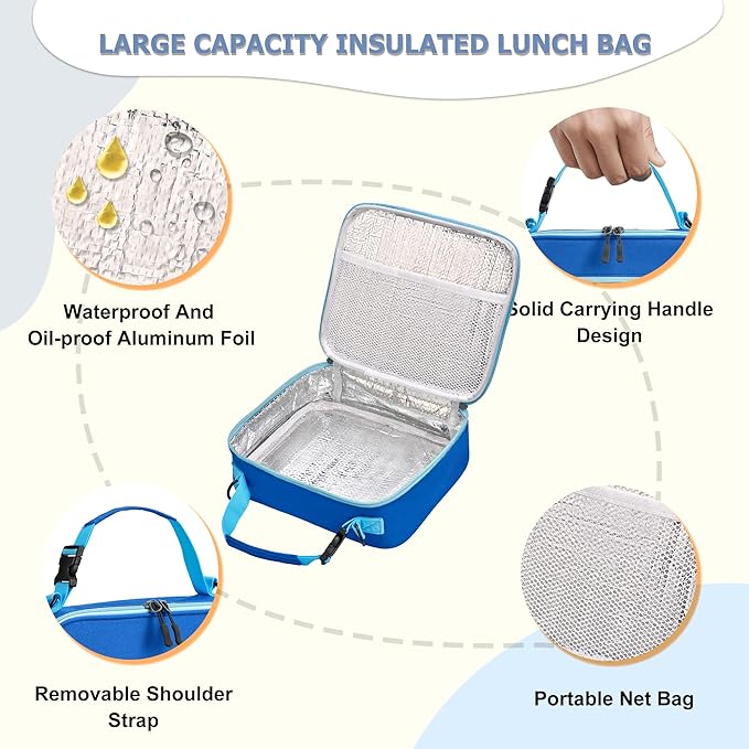 MAISON HUIS Kids Bento Box Set - Includes 8oz Soup Thermo, Insulated Lunch Bag & 17oz Stainless Steel Water Bottle, 5-Compartment Bento Box with Built-In Ice Pack, Leak-Proof & BPA-Free(Blue)