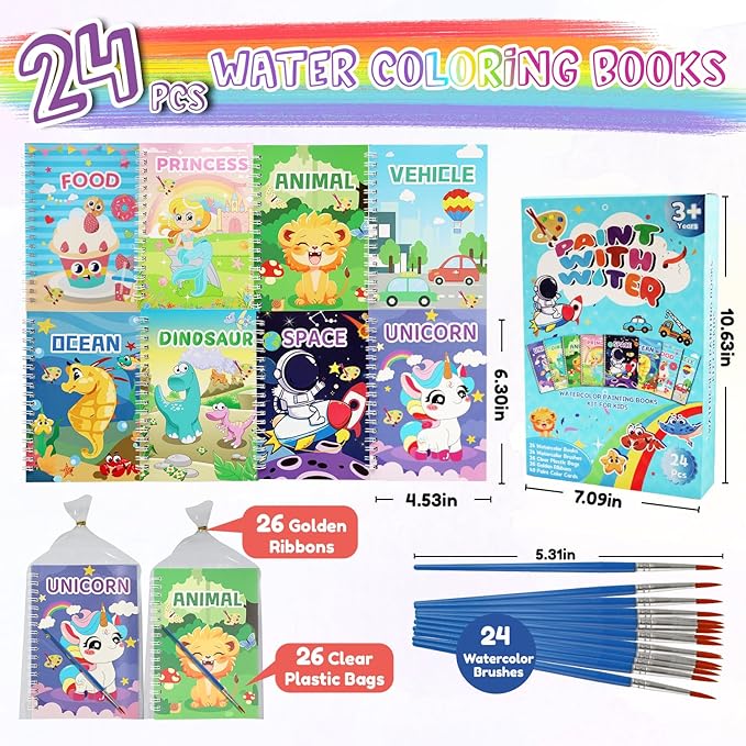 Elover 24 Pack Water Coloring Book for Kids Party Favors Bulk Coloring Books Painting Drawing Set for Kids Ages 4-8 Birthday Arts and Crafts Goodie Bag Stuffers School Activities Set