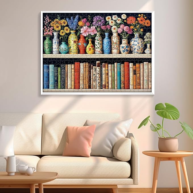 500 Piece Puzzle for Adults Puzzle, Beautiful Bookshelf Jigsaw Puzzle 500 Pieces, Flowers and Vase Jigsaw Puzzles for Adults Seniors, Fun Decor Challenging Family Games Holiday Party Gifts 20.5×15 in