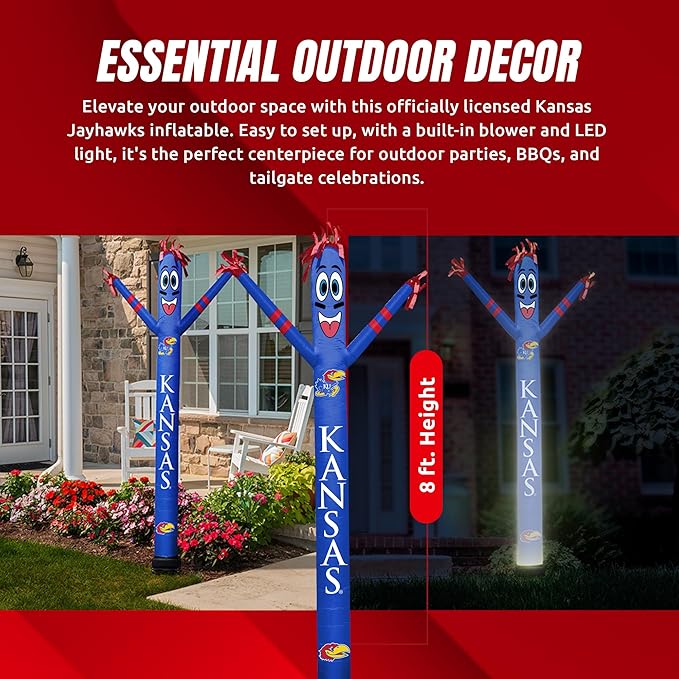 NCAA Kansas (KU) Football Wacky Waving Inflatable Tube Guy with LED Lights & Built-in Blower - 6" x 36" x 96" Inflatable Tube Man Crazy Sports Fan Outdoor Party Decoration