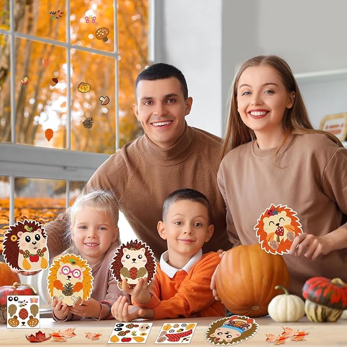 JUNEBRUSHS 30 Piece Fall Hedgehog Craft Set, Autumn Self-Adhesive Stickers Thanksgiving Make Your Own Crafts for Art Classroom Home Fall Harvest Event Party Supplies Decoration