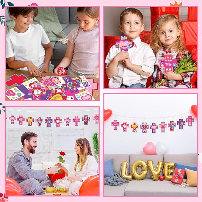 BeYumi Valentine Cross Craft Kit - 123Pcs Valentine's Day Cross Craft Kit DIY Christian Religious Hanging Ornament Make Your Own Sunday School Decoration Home Classroom Party Art Supplies for Kids