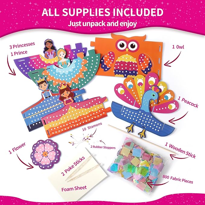 HENUIE Princess Poke Art Kit, Mess-Free 3D DIY Craft, 7 Royal Stand-Alone Figures for Display & Pretend Play, Educational Activity & Gift for Girls & Boys, Ages 4-9