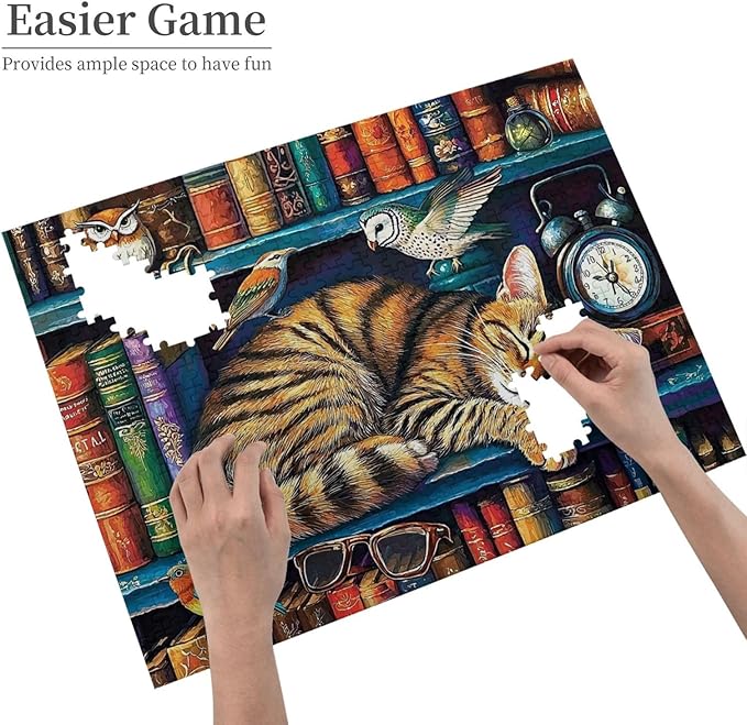 Cat Sleeping On The Bookshelf 500 Piece Puzzle for Adults, Cats Library Jigsaw Puzzle, Funny Kitten Bookshelf Puzzles 500 Piece, Challenging Puzzles for Friends Family Activity Game Nights