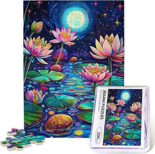Waterlilies by Moonlight 500 Piece Jigsaw Puzzle for Adults Waterlilies by Starry Night 500 Piece Jigsaw Puzzle Waterlily 500 Pieces Stained Glass Puzzle Stained Glass Puzzle with Flowers