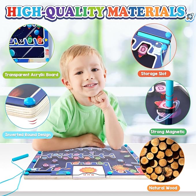 Magnetic Alphabet Maze Board - Letter Puzzle Rockets, Fine Motor Skills Toys for Toddlers 3+ Years, Montessori Sensory Toys for Girls & Boys
