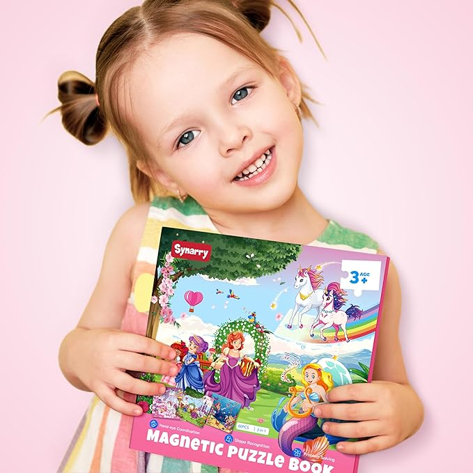 SYNARRY Unicorn Mermaid Princess Magnetic Puzzles for Toddlers 3-5 Girls, 20 Pieces Travel Puzzles for Kids Ages 4-6, Car Airplane Road Trip Activities Toys for 3 4 5 6 Year Old Girls Birthday Gifts
