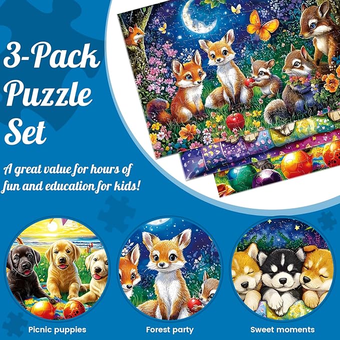 3-Pack 100 Piece Puzzles for Kids,Dogs Foxes Animals Puzzle for Kids Age 4-6 6-8 8-10,Unique Large Piece Jigsaw Puzzle,Recycled Paper,Bright & Colorful Educational Puzzle,Boys Girls Gift for Birthday