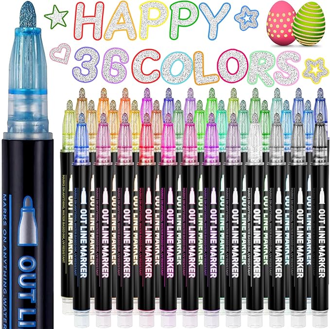 Teen Girl Gifts Trendy Stuff, 36 Shimmer Markers Outline Glitter Pens, Arts Crafts Kids Ages 8-12, Art Supplies for Kids 9-12, 8 Year Old Girl Birthday Gifts for 10 Year Old Girls