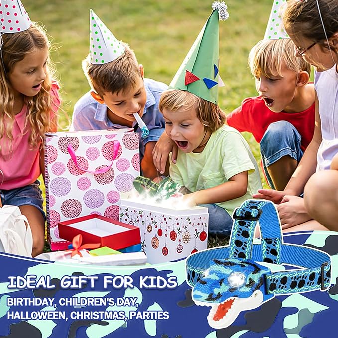 Kids Headlamp Battery Powered LED Flashlight T Rex Dinosaur Toy Stocking Stuffers Outdoor Headlight Birthday Gift for Boys Girls Toddlers ages 3-5 5-7 8 9 10+ Easter Halloween Christamas toy