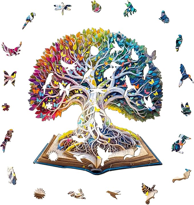 Jigfoxy Wooden Puzzle for Adults, Tree in The Book Jigsaw Puzzles for Adult, Unique Animal Shape Wood Cut Puzzles, Christmas Thanksgiving Gifts for Friends Family (M-11.4 * 10.5in-200pcs)