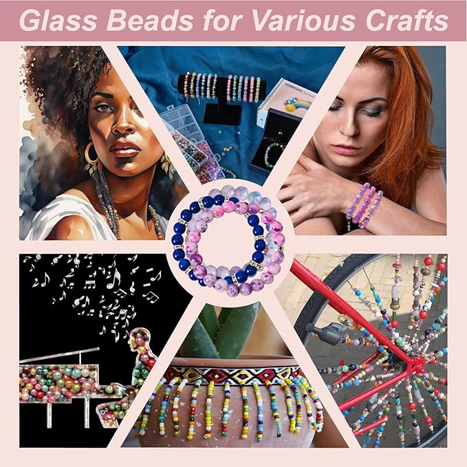 1300 Pcs Glass Beads for Jewelry Making – 8mm Beads in 48 Colors, 2 Box Set of Bulk Glass Beads for Bracelets, Crafts & DIY Gifts