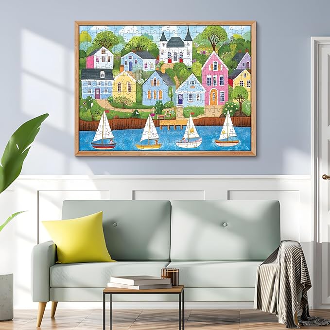 300 Piece Puzzles for Adults, Colorful Coastal Village Puzzles for Adults,Vibrant Sailboats and Cottages 300 Piece Jigsaw Puzzle, Ideal Home Decor Gift for Adults Kids Seniors, 20.5×15 in