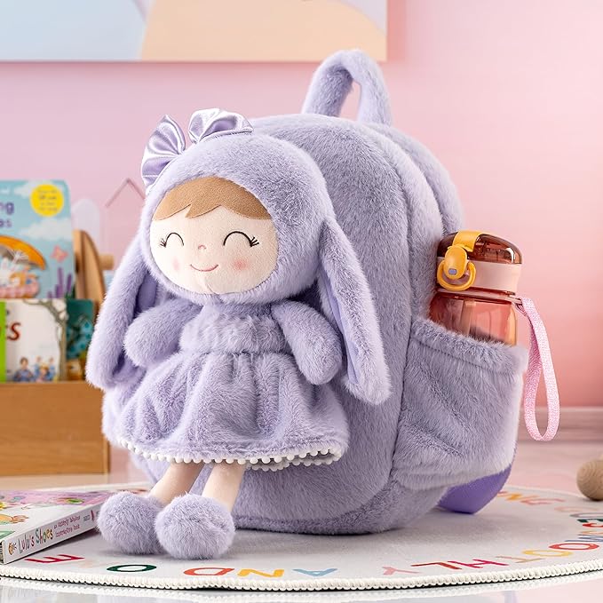 Gloveleya Back to School Gifts for Girls Bunny Toddler Backpack Plush Bag Baby Gift for Girl 2+ Years Old with Detachable Purple Rabbit Doll 11 Inches