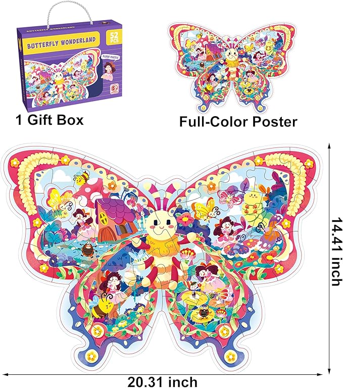 52 Piece Butterfly Jigsaw Puzzle for Kids 3+, Large Floor Puzzle for Preschool Learning with Storage Bag, Educational Toy Gift Birthday and Christmas for Boys Girls