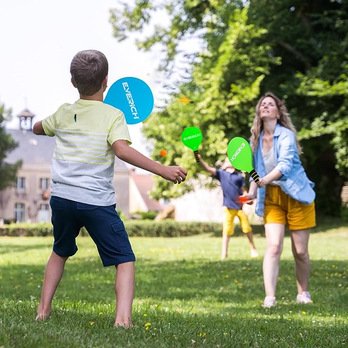 EVERICH Upgraded Toss Catch Paddle Ball Game Set, Outdoor Racket Games for Kids Adults, Beach Pool Sand Lawn Toy Includes 8 Paddles 8 Balls 8 Birdies 2 Flying Disc, Birthday Easter Gift for Boys Girls