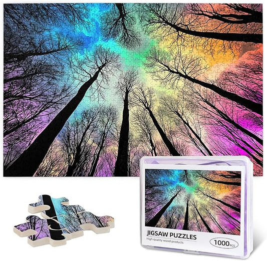 Colorful Forest Under Starry Night 1000 Pieces Colorful Gradient Magic for Adult,Hard Challenge Puzzle Northern Lights Starry Night Glow in The Dark Puzzle for Birthday Gifts and Family Game