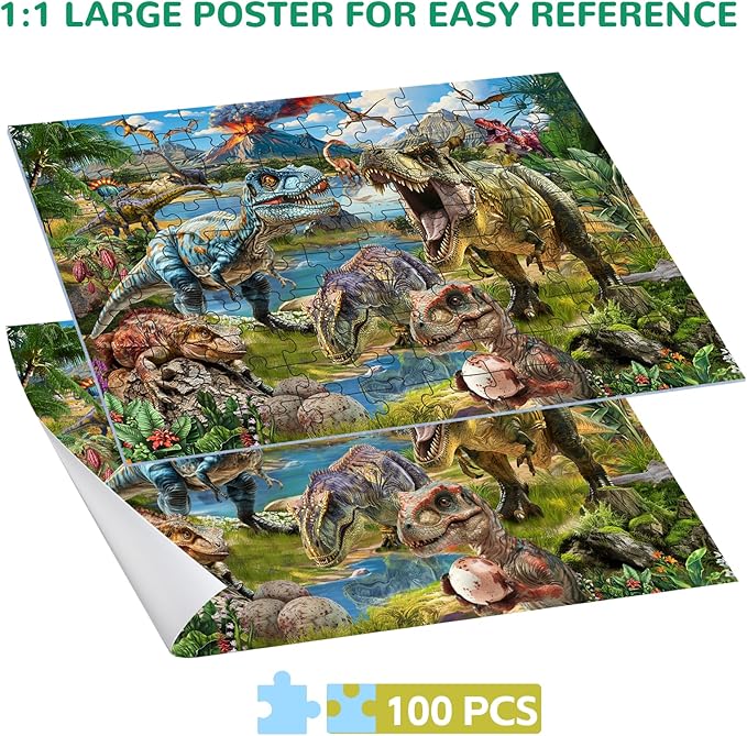 Puzzles for Kids Ages 4-6-8-10, Dinosaur World Puzzle 100 Pieces Jurassic Landscape Jigsaw Puzzles Educational Toys Gifts for Boys Girls