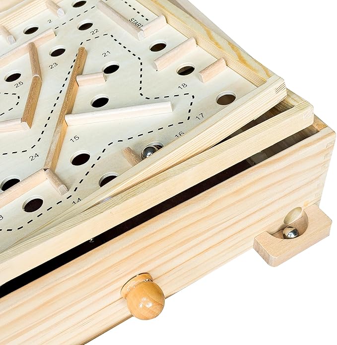 Sterling Games Wooden Labyrinth with 3 Swappable Boards – Classic Maze Game with 60, 36, and 25 Waypoints – Wooden Tilt Puzzle with Knob Control and 3 Steel Marbles for Kids Age 6+