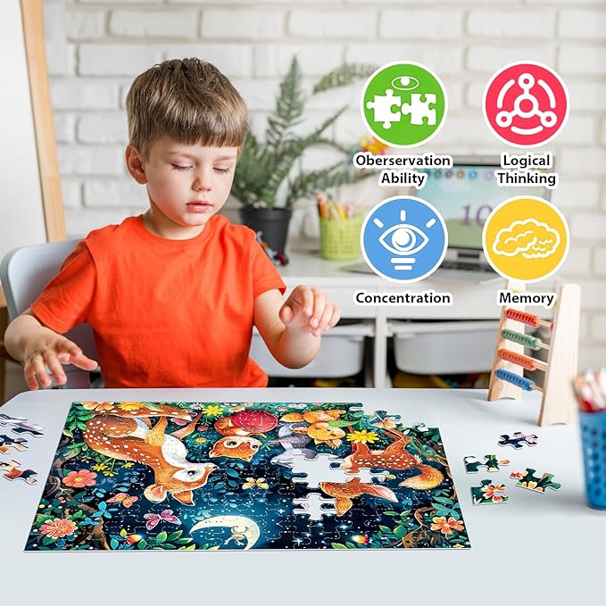 Puzzles for Kids Ages 4-8 - Cute Deer Party in Forest Night - 100 Piece Jigsaw Puzzles for Kids Ages 4-6 6-8 8-10 Year Old Children Puzzles for Boys and Girls Educational Learning Toys and Gifts