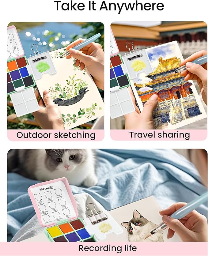 Woomer Pocket Watercolor Paint Set, 9 Vivid Colors Travel Watercolor Paint with 2 Foldable Palettes, Wash Cup, Perfect Water Color Set for Kids Beginner Students Adult Gift